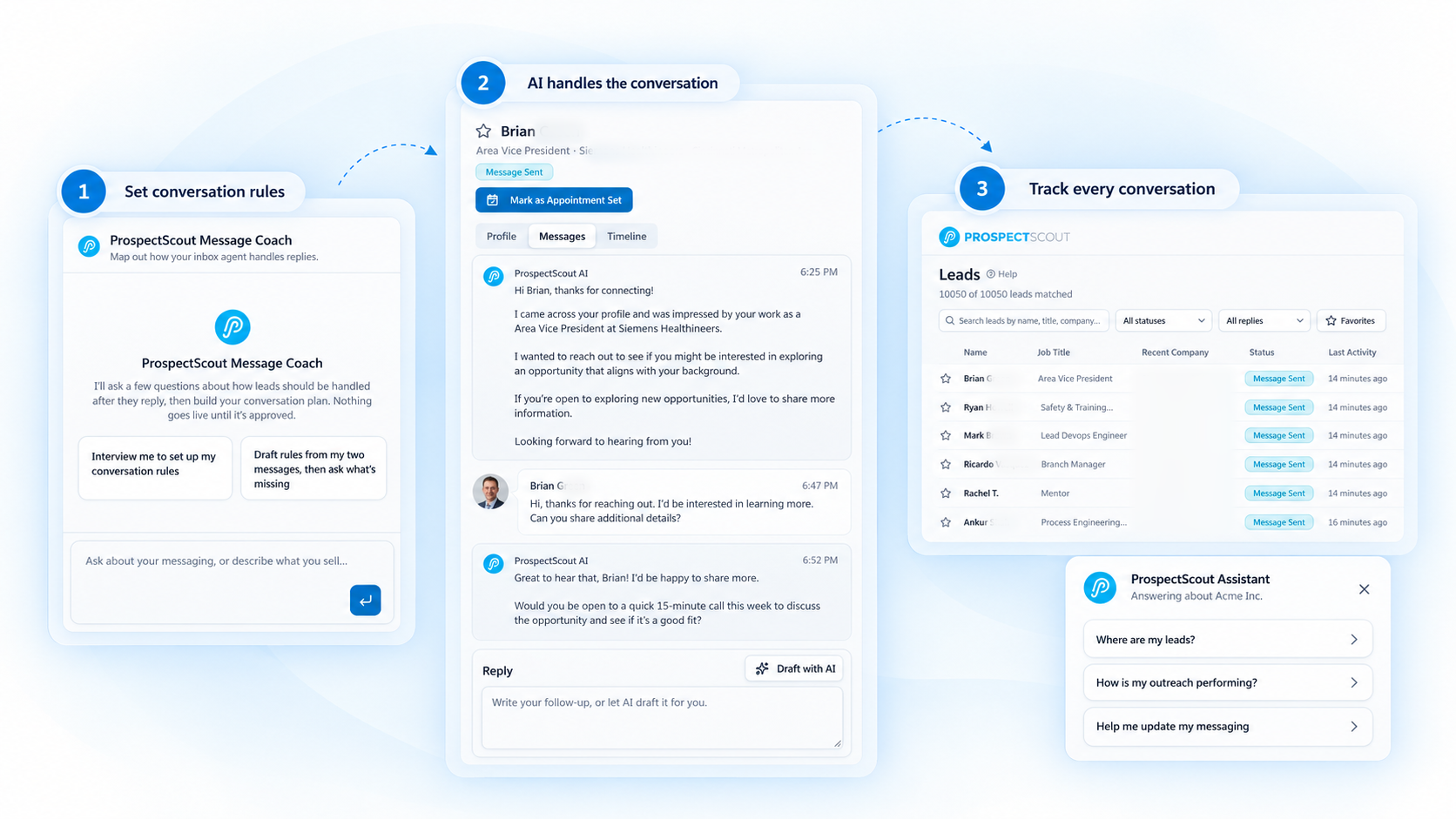 ProspectScout AI conversation workflow; surnames and employers blurred