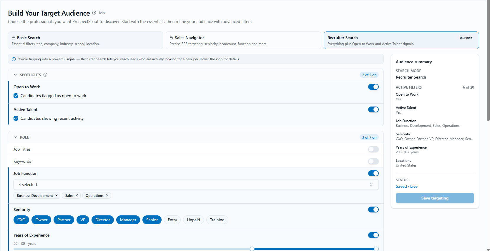 ProspectScout audience targeting screen with search options, spotlights, job function, seniority and experience filters