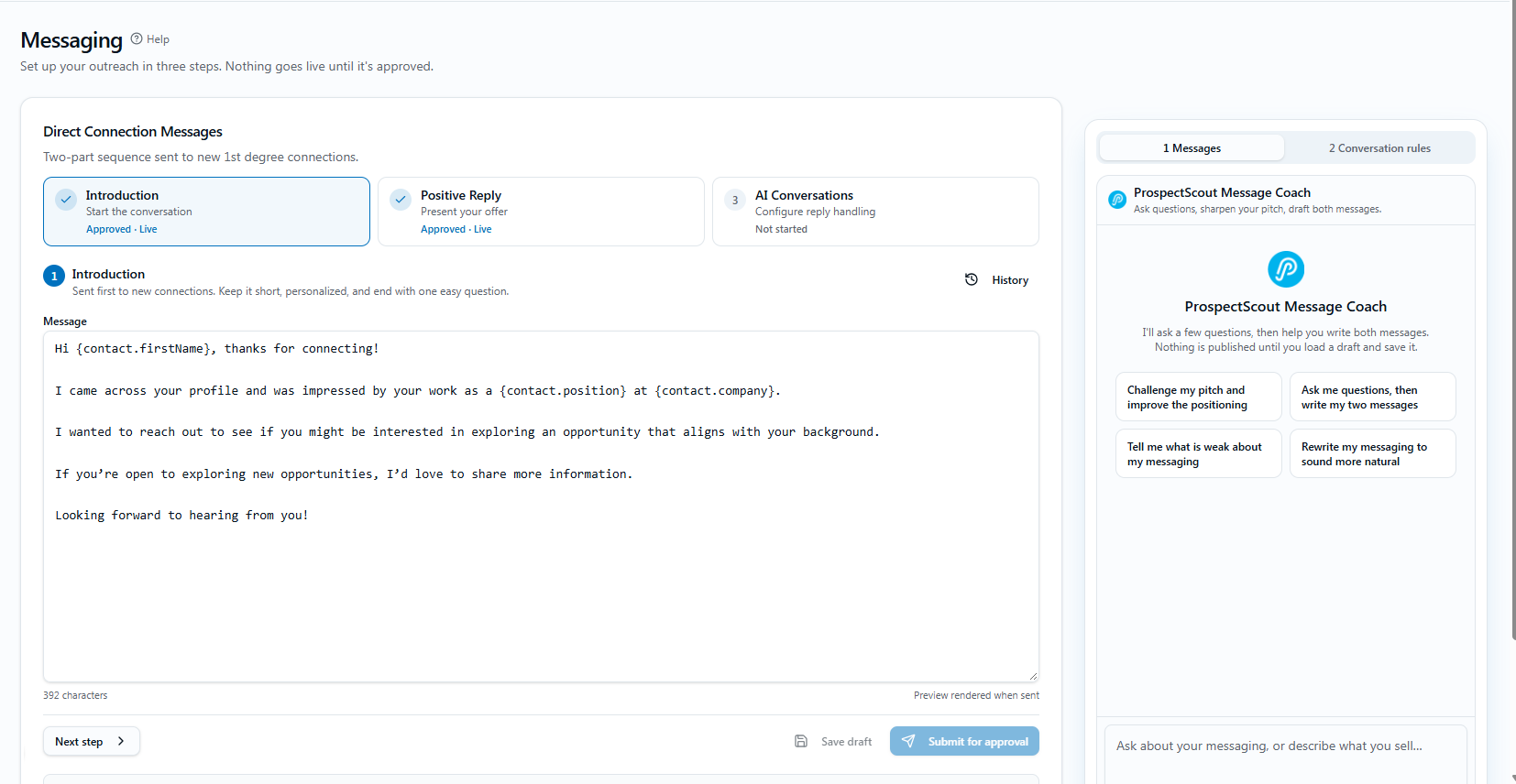 ProspectScout messaging screen with the three-step outreach sequence and the Message Coach panel