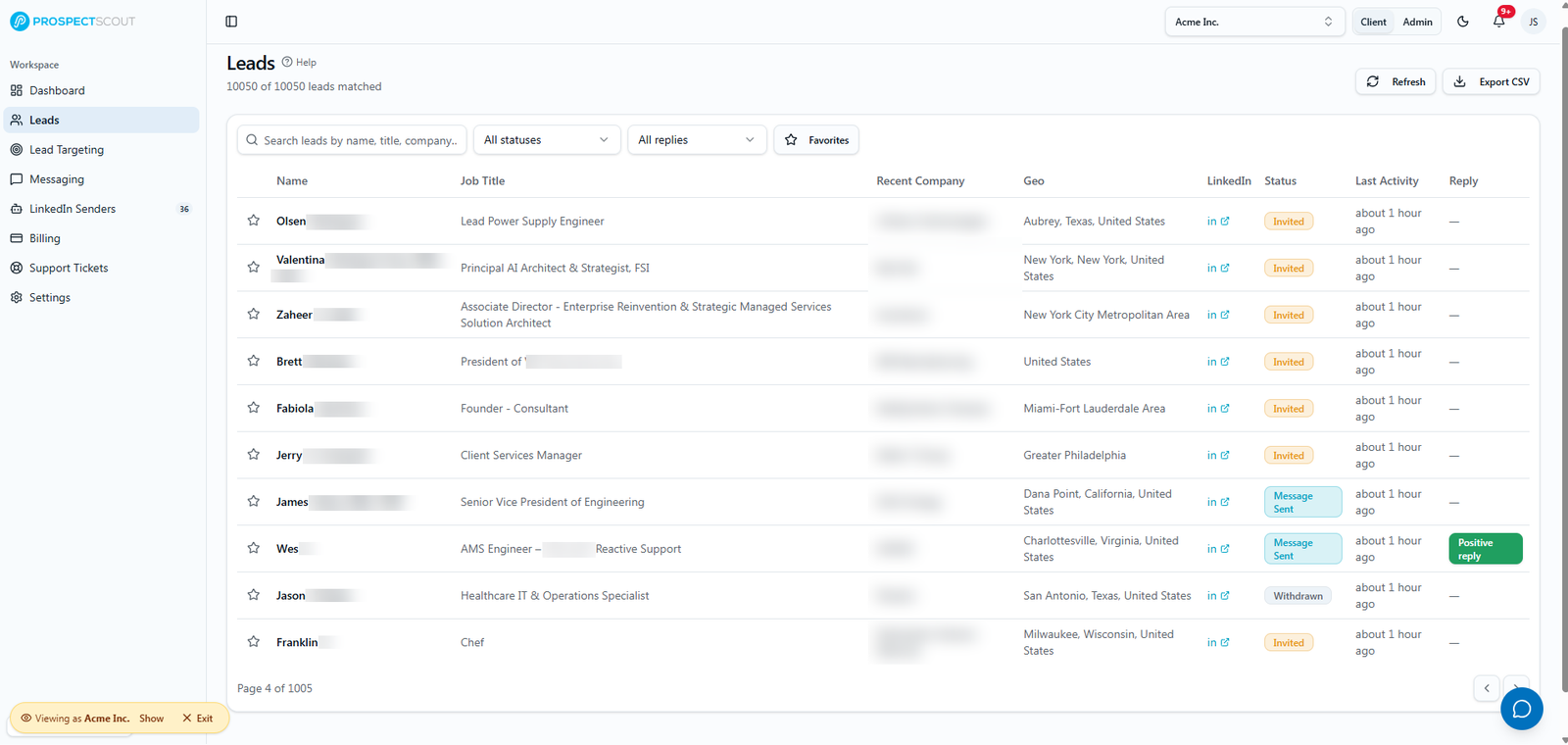 ProspectScout Leads table with statuses; surnames and employers blurred