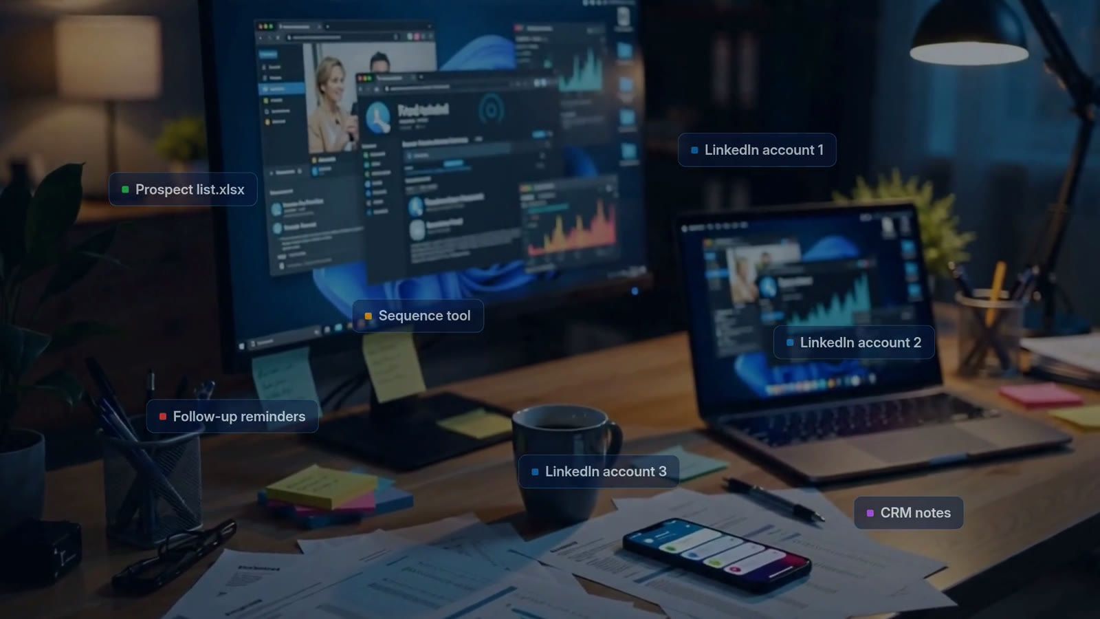 A desk at night with a monitor, laptop, and phone, ringed by tags for a prospect list, a sequence tool, three LinkedIn accounts, follow-up reminders, and CRM notes